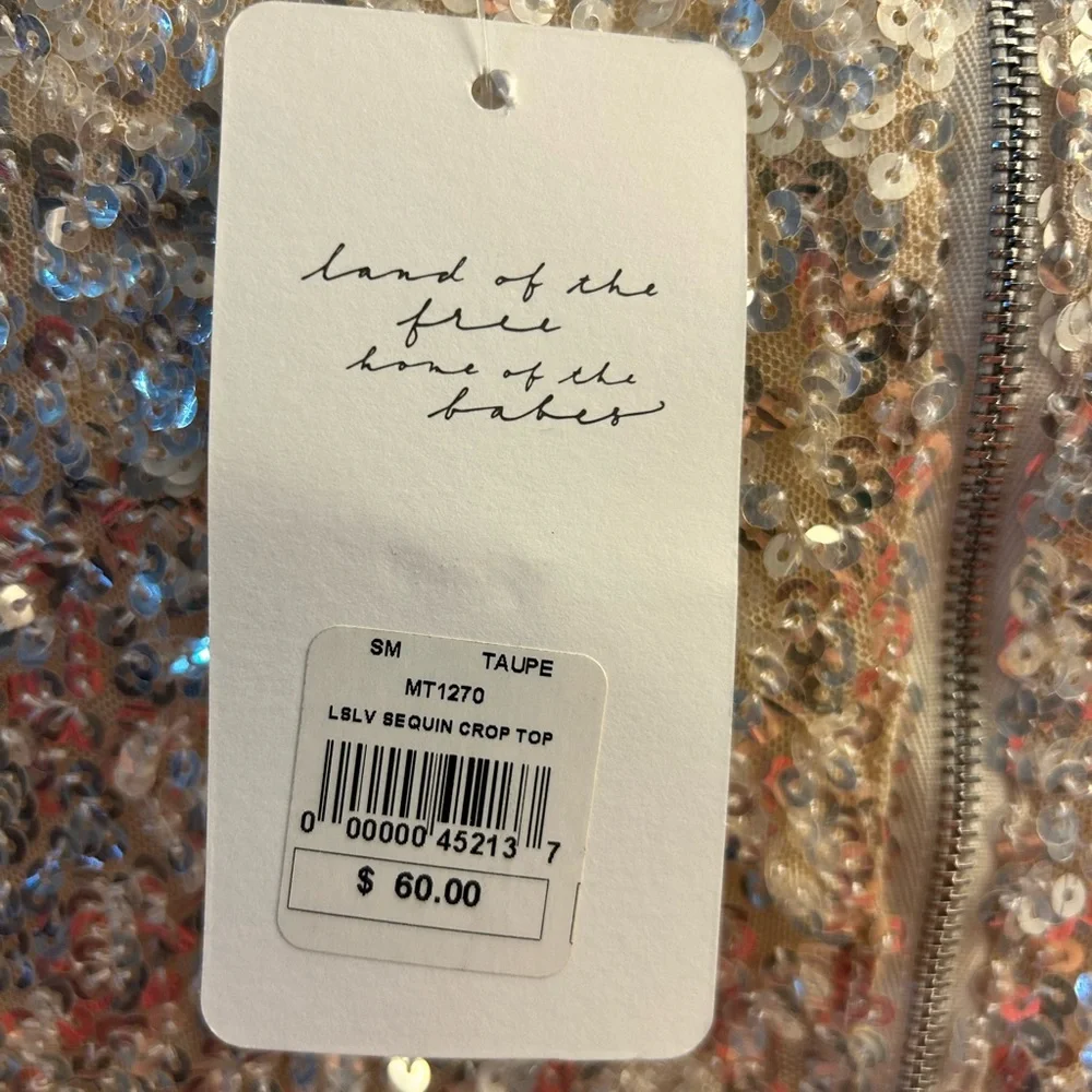 NWT American Threads Sequin Crop Top Women small long sleeve beige sparkle shirt - Picture 5 of 8